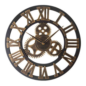 Vintage Industrial Gear Wall Clock, 16 Inch Round Steampunk Clock with Gold Numbers and Exposed Cog Design, Decorative Analog Wall Clock for Living Room, Dining Room, Office, Bar, Cafe
