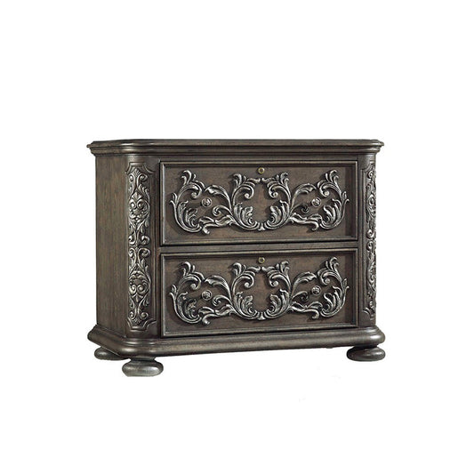 Dark Brown 2-Drawer Nightstand with Silver Scrollwork