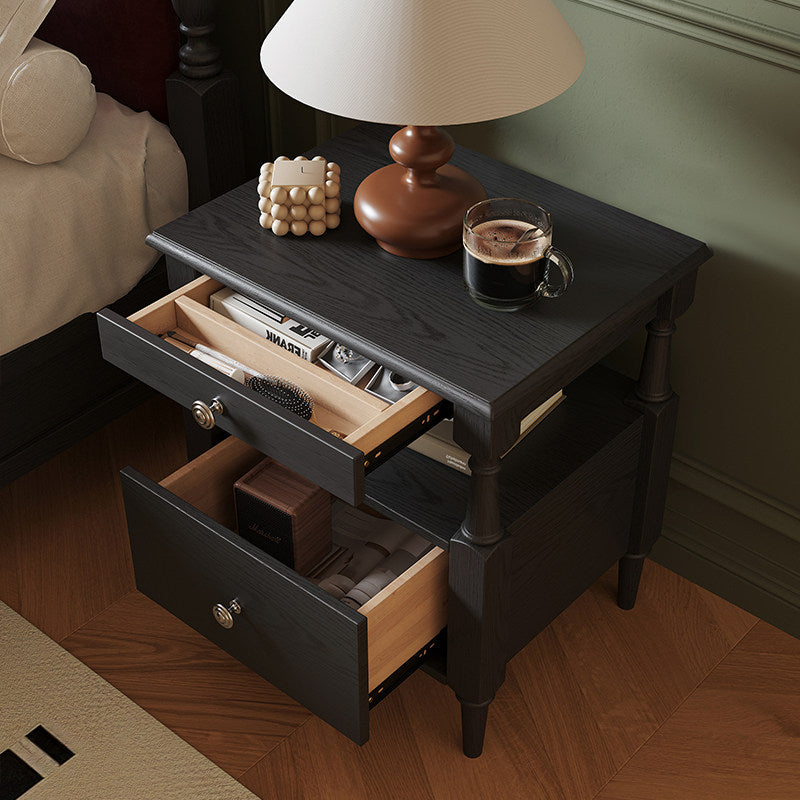 Black Solid Pine Wood Nightstand with Drawer and Open Shelf, Vintage Style Bedside Table with Turned Legs, Bedroom End Table for Small Spaces, Living Room, Guest Room