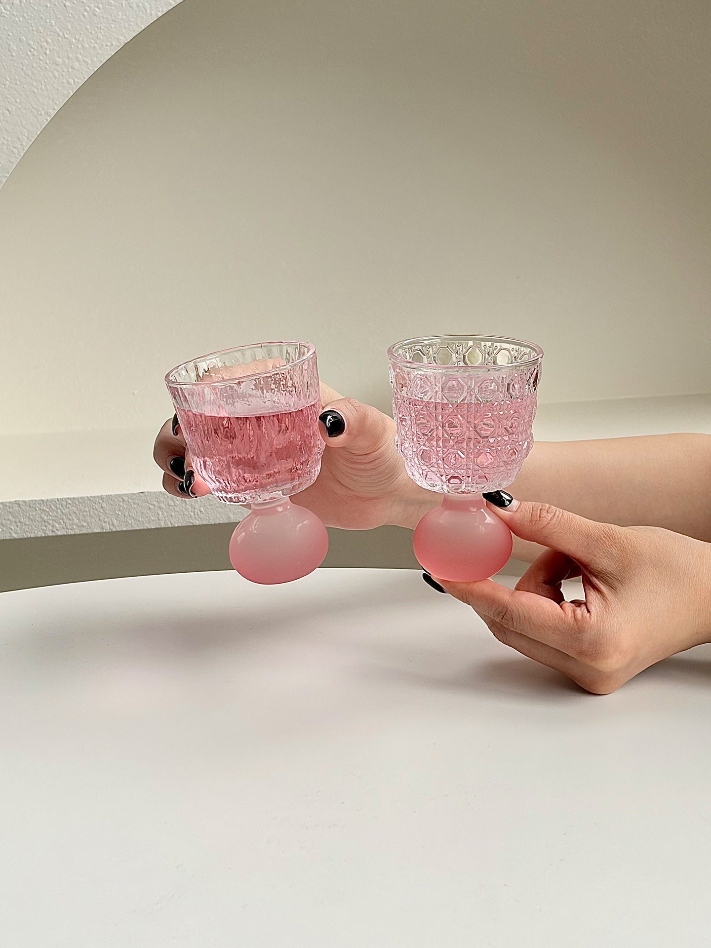 Set of 4 Pink Ball Stem Shot Glasses, 3.4 oz Small Footed Glass Cups with Mixed Textured Clear Bowls for Whiskey, Liqueur, Soju, Sake, Dessert Shooters and Tasting Drinks