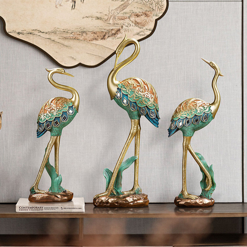 Set of 3 Gold Crane Figurines, Hand Finished Resin Bird Statues with Teal Feather Detail, Elegant Tabletop Sculpture Decor for Living Room, Entryway, Console Table, Office, Hotel, Spa, and Wine Cabinet