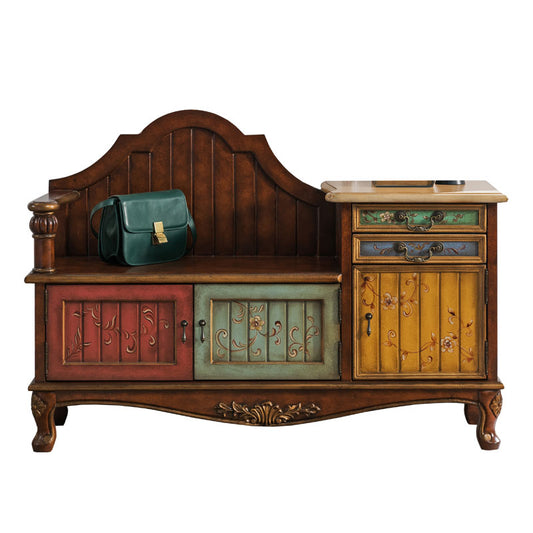 Walnut Brown Painted Entryway Shoe Storage Bench with Backrest, Multicolor Wooden Accent Cabinet with 2 Drawers and 3 Doors for Foyer, Hallway, Living Room or Bedroom