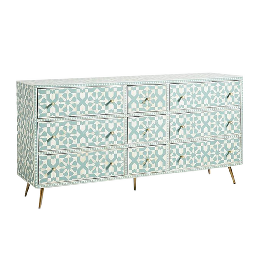 Blue White Geometric 9 Drawer Dresser, Solid Wood Accent Chest with Gold Tone Legs, Hand Painted Style Sideboard Storage Cabinet for Entryway, Living Room, Bedroom