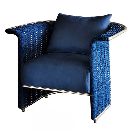 Outdoor Wicker Lounge Chair with Navy Blue Cushions, Handwoven Rattan Style Patio Armchair with Stainless Steel Frame for Garden, Balcony, Porch, Poolside, Living Room and Hotel Lounge