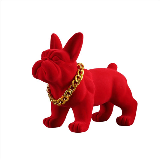 Red French Bulldog Piggy Bank, Flocked Dog Statue Coin Bank with Gold Chain, Modern Animal Figurine Money Box for Living Room, Bedroom, Office Desk, Entryway Decor