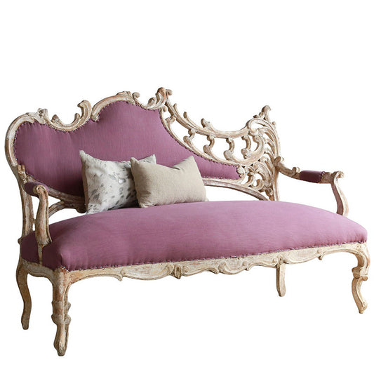 Pink Upholstered Carved Wood Settee, Distressed White Frame