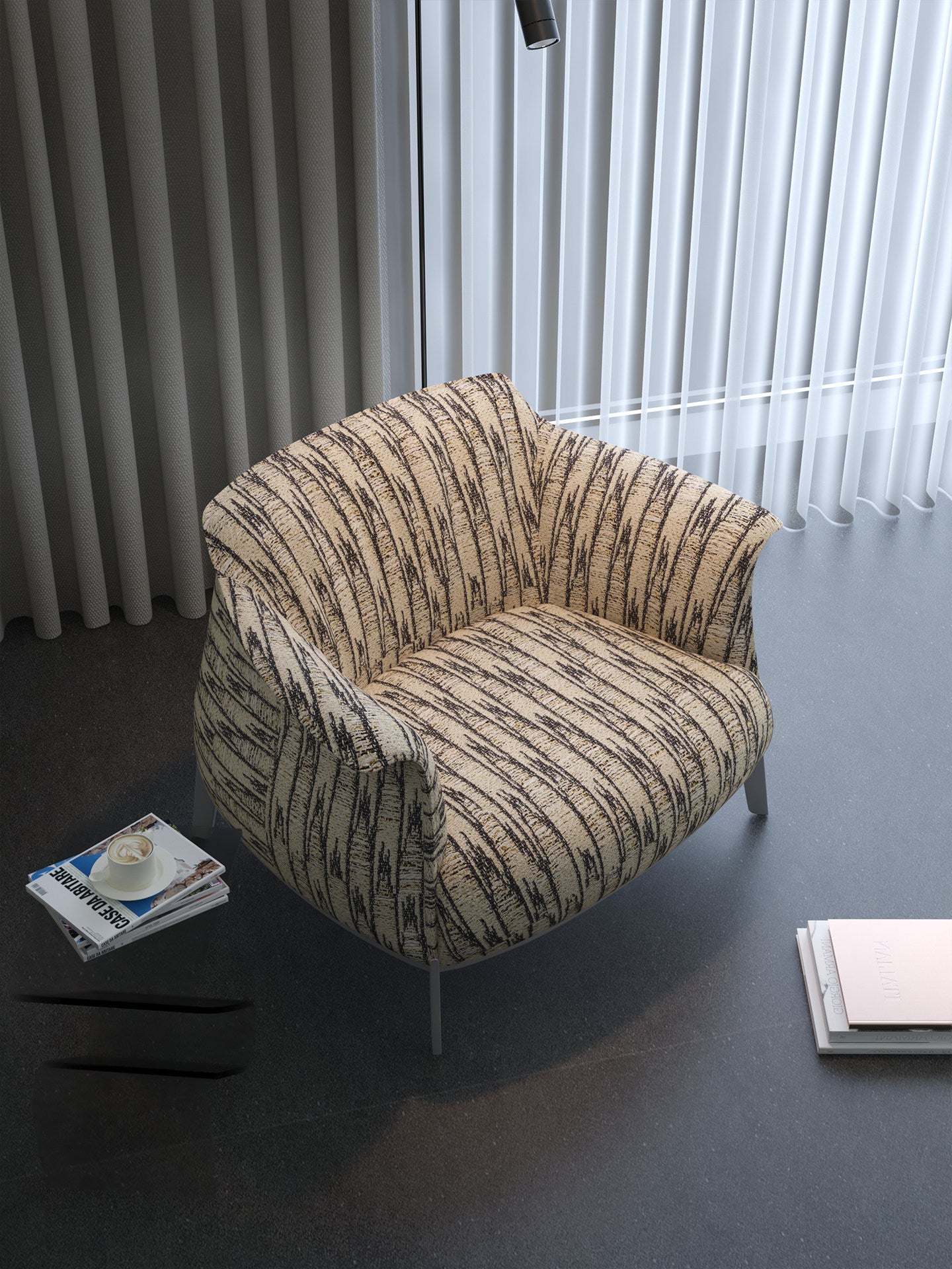 Ivory and Black Abstract Stripe Fabric Accent Armchair, Modern French-Inspired Curved Lounge Chair with Wraparound Arms and Slim Silver Legs for Living Room, Bedroom, Balcony and Reception Area