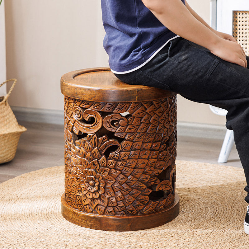 Solid Wood Carved Round Stool, Rustic Floral Drum Stool, Decorative Wooden Side Table, Entryway Shoe Bench, Plant Stand, Footstool, and Accent Seat for Living Room, Bedroom, Porch, and Balcony