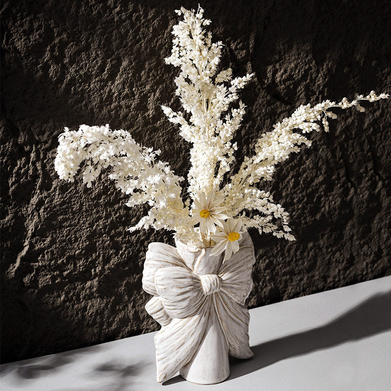 White Bow Ceramic Vase for Dried Flowers, Decorative Tabletop Flower Holder