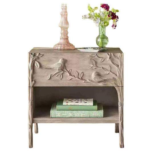 Carved Wood Nightstand with Drawer and Open Shelf, Bird and Branch Design