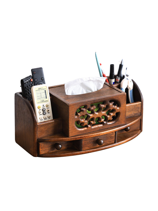 Teak Solid Wood Tissue Box Cover and Remote Control Organizer, Carved Multifunctional Desktop Storage Caddy with Side Compartments and Drawers for Coffee Table, Living Room or Office