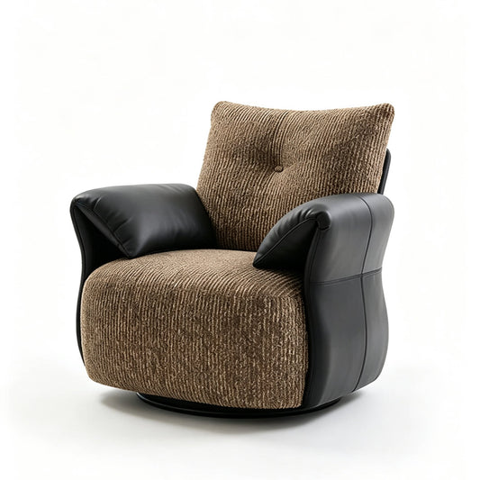 Brown Chenille Accent Chair with Black Faux Leather Arms