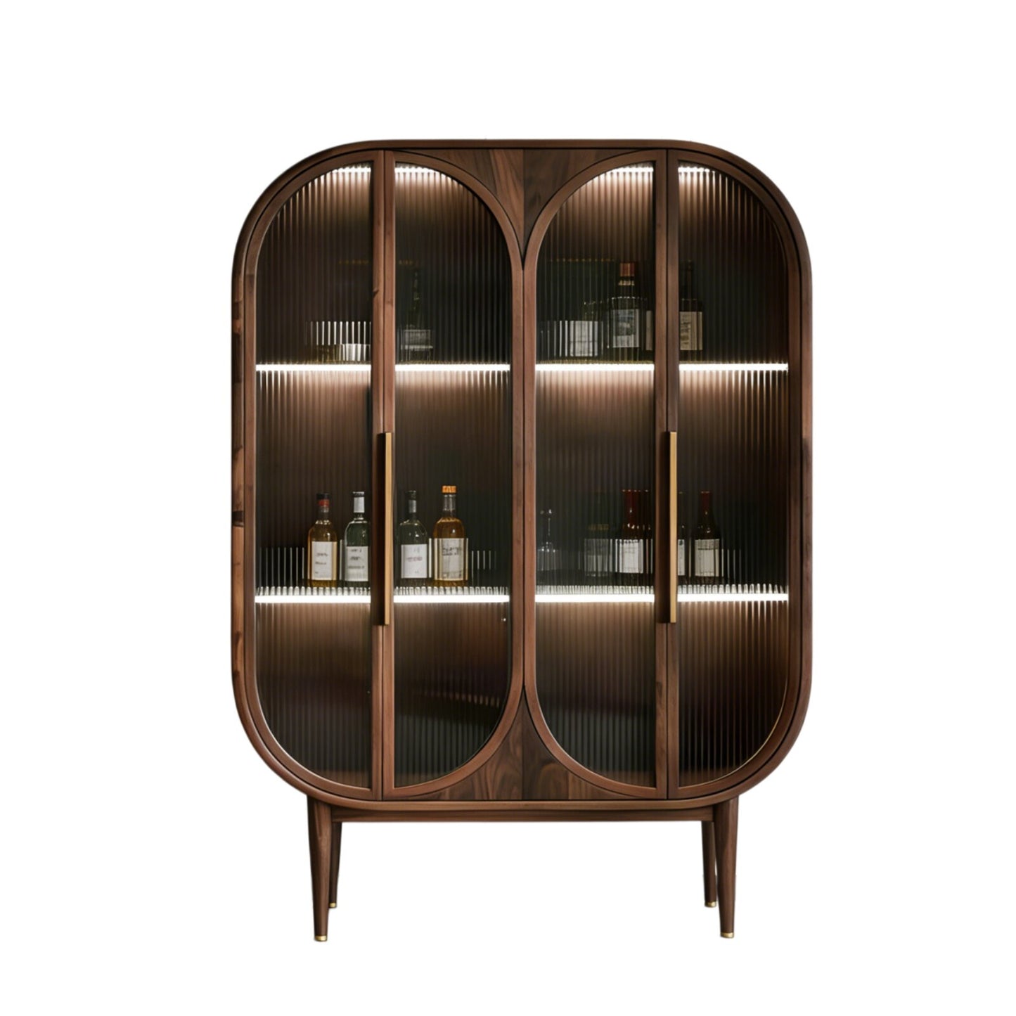 Ash Wood Liquor Cabinet with Fluted Glass Doors and LED Display Shelves