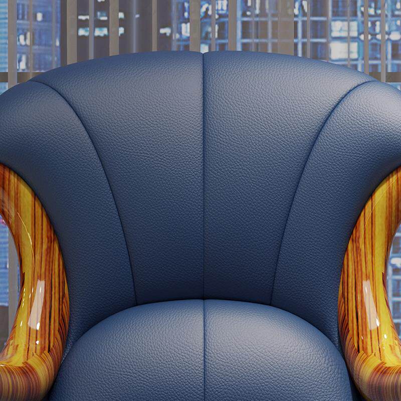 Blue Leather Swivel Lounge Chair with Wenge Wood Frame