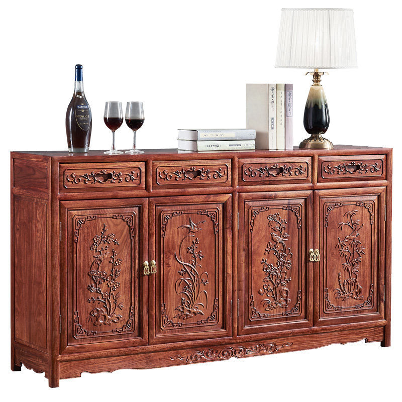 Reddish Brown Solid Wood Sideboard Buffet Cabinet, 4-Door 4-Drawer Carved Storage Credenza for Dining Room, Living Room, Tea Bar and Kitchen
