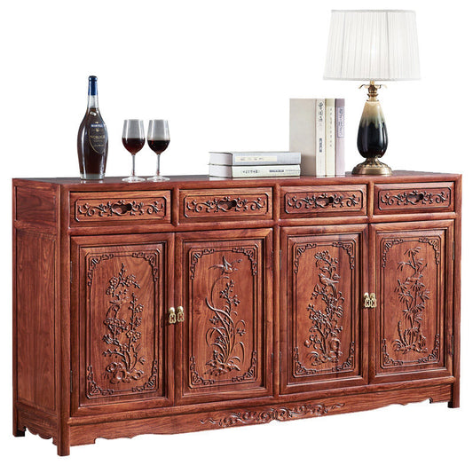 Reddish Brown Solid Wood Sideboard Buffet Cabinet, 4-Door 4-Drawer Carved Storage Credenza for Dining Room, Living Room, Tea Bar and Kitchen
