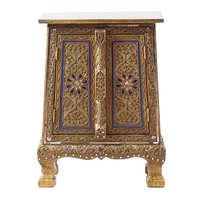 Ornate Gold Bedside Cabinet with Double Doors and Solid Wood Frame