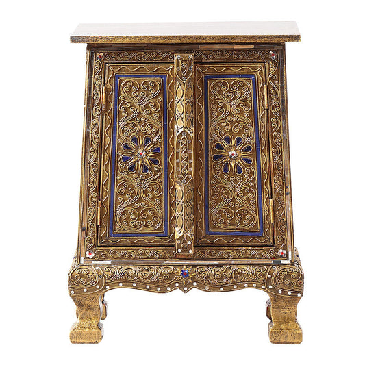 Ornate Gold Bedside Cabinet with Double Doors and Solid Wood Frame