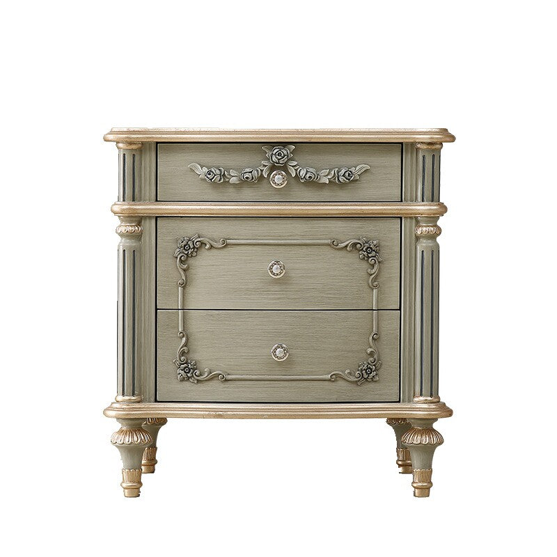 French-Inspired 3-Drawer Solid Wood Nightstand, 23.6-Inch Gray and Gold Bedside Table with Floral Carvings, Crystal-Style Knobs and Sculpted Legs for Bedroom or Guest Room