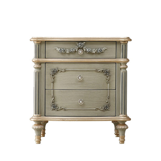French-Inspired 3-Drawer Solid Wood Nightstand, 23.6-Inch Gray and Gold Bedside Table with Floral Carvings, Crystal-Style Knobs and Sculpted Legs for Bedroom or Guest Room