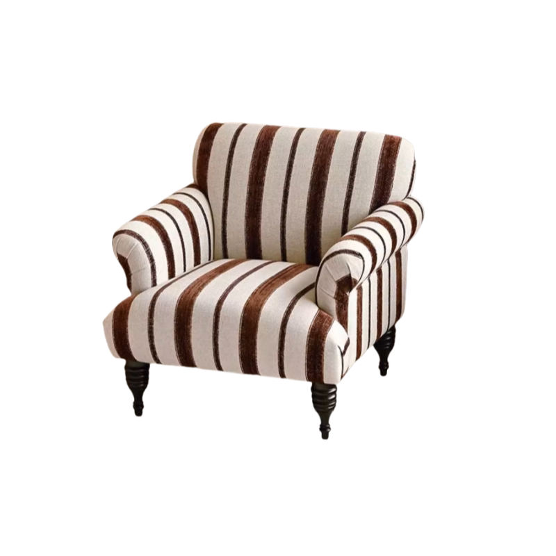 French Country Stripe Accent Chair, Linen Upholstered Tiger Chair with Solid Wood Frame, Vintage Lounge Armchair for Living Room, Bedroom &amp; Reading Nook