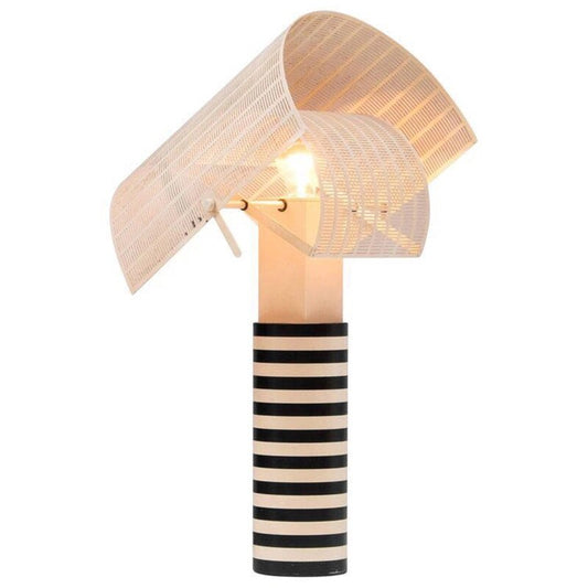 Black and White Striped Table Lamp, Modern Perforated Metal Mesh Shade Desk Lamp, E27 Warm Light Decorative Accent Lamp for Bedroom, Living Room, Study, Office, Bedside Table