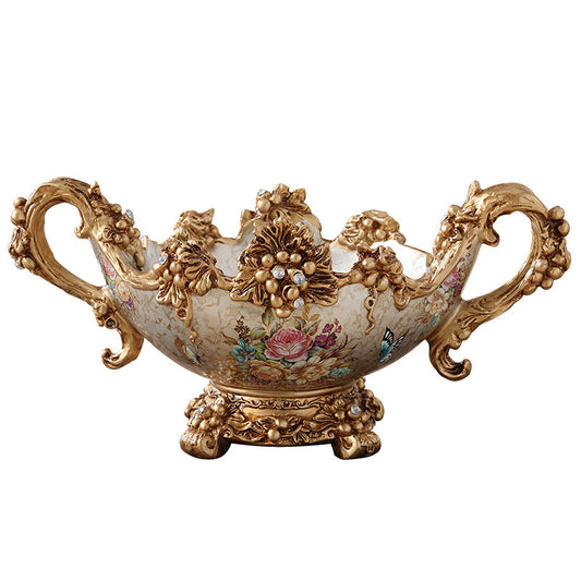 Ornate Resin Fruit Bowl, Gold Double Handle Decorative Serving Bowl with Floral Pattern, Vintage Style Table Centerpiece for Fruit, Candy, Keys, Dining Table, Living Room, Entryway Decor