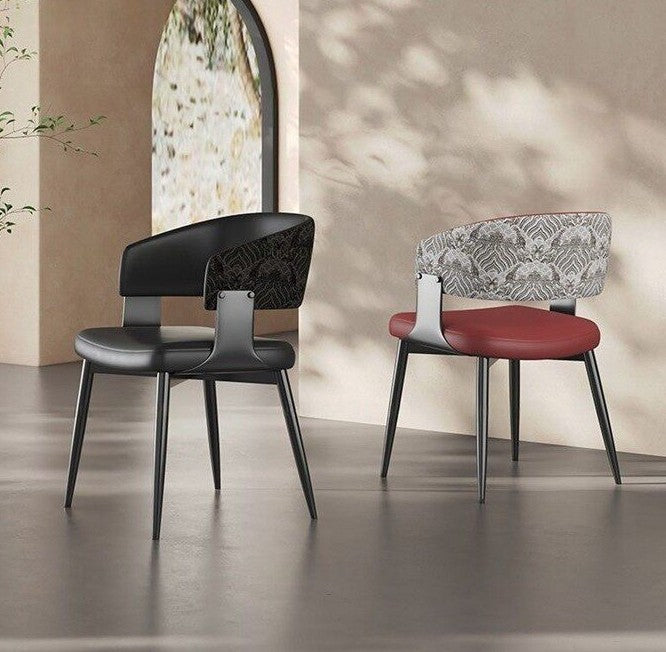 Black Upholstered Dining Chair with Arms, Modern Curved Back Accent Chair with Patterned Back Panel, Padded Kitchen Chair for Dining Room, Hotel, Restaurant, Cafe, Makeup Vanity, and Study