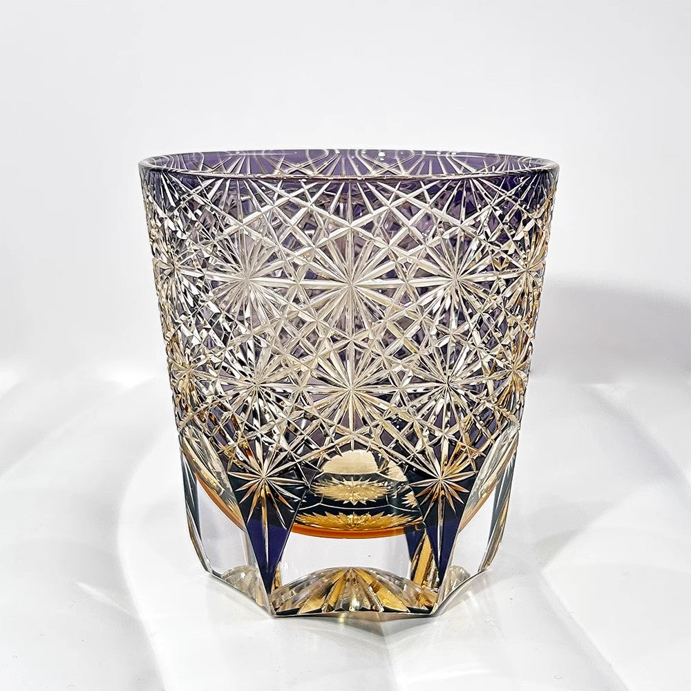 Purple Daisy Pattern Whiskey Glass, Decorative Cut Style Rocks Tumbler with Gift Box, Artistic Old Fashioned Glass for Bourbon, Cocktails, Water, Home Bar, Kitchen, Bar Cart Display