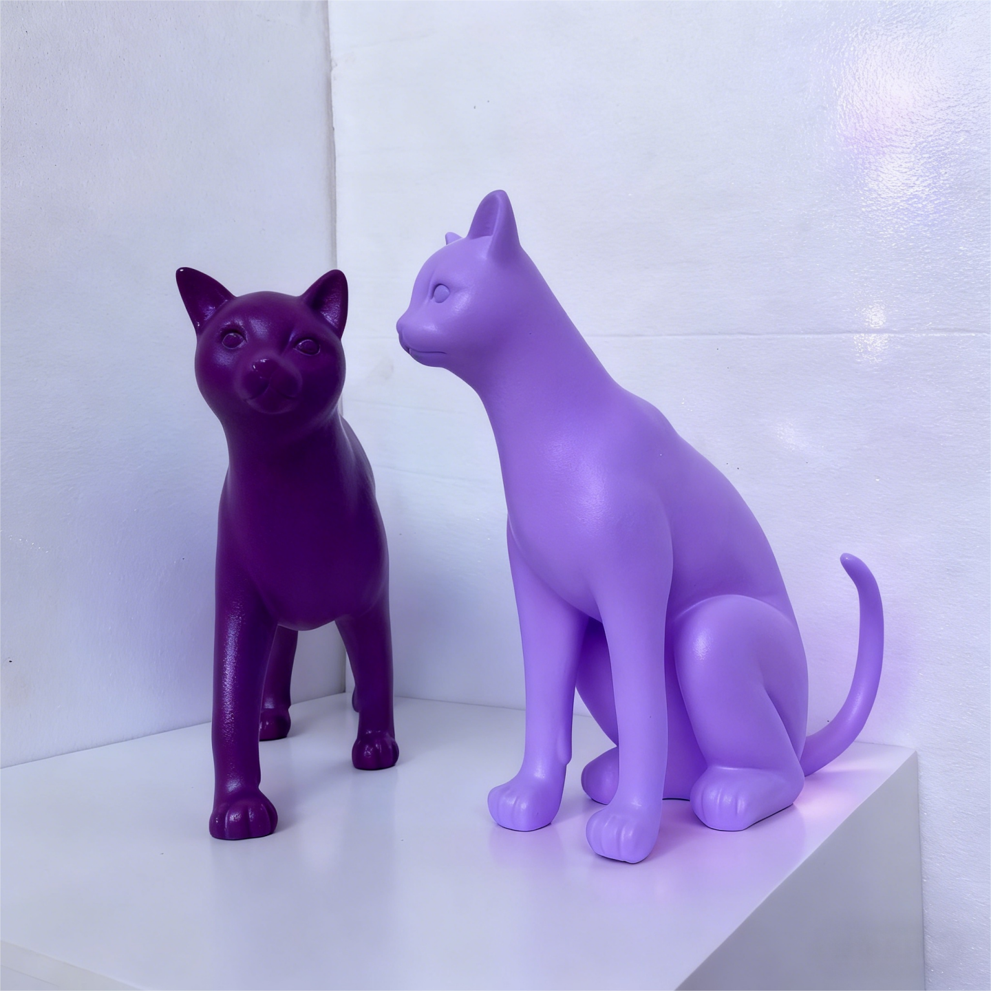 Matte Purple Abstract Cat Sculpture Set of 2, Large Resin Cat Statues, Sitting and Walking Cat Figurines for Living Room, Bar, Window Display, Gallery, Entryway, Modern Home Decor