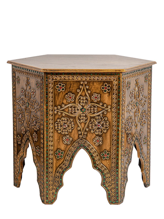 Thai Style Carved Side Table, Vintage Floral Accent Table, Small Round Wood End Table with Decorative Panel Legs, Southeast Asian Inspired Coffee Table for Living Room, Balcony, Sofa Side