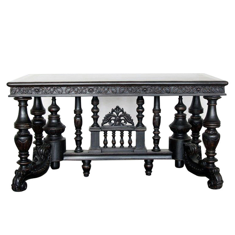 Black Solid Elm Wood Dining Table with Ornate Trestle Base