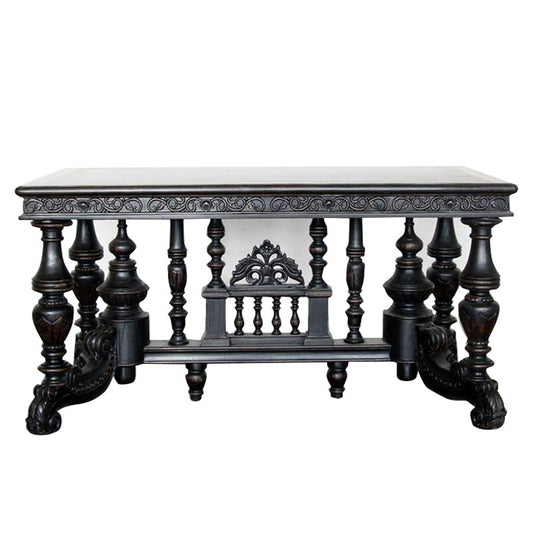 Black Solid Elm Wood Dining Table with Ornate Trestle Base