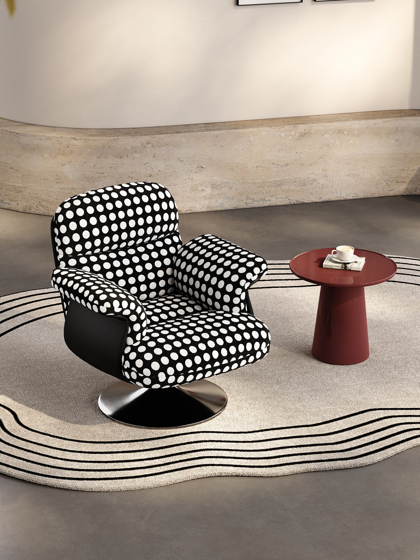 Black and White Polka Dot Swivel Accent Chair, Modern Upholstered Lounge Chair with Wide Arms, Jacquard Velvet Single Sofa Chair for Living Room, Bedroom, Balcony, Reading Corner
