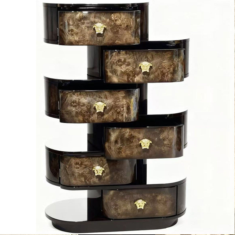 Modern 6-Drawer Chest with Burl Wood Finish and Gold Hardware