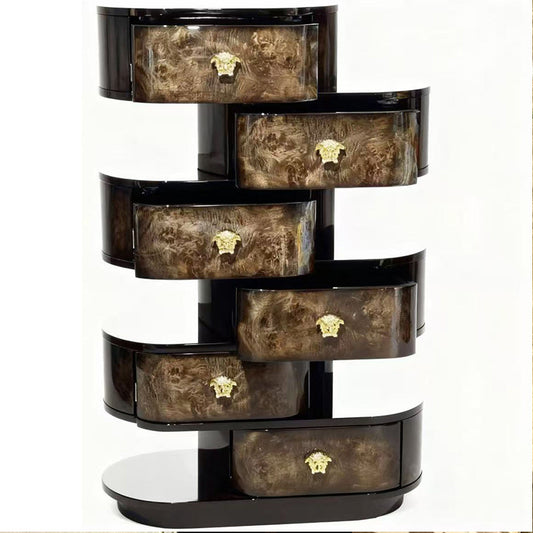 Modern 6-Drawer Chest with Burl Wood Finish and Gold Hardware