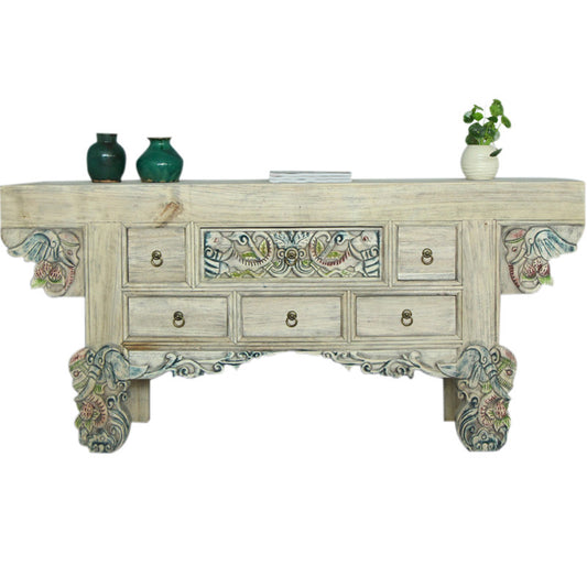 Hand-Painted Solid Wood Console Table with 5 Drawers