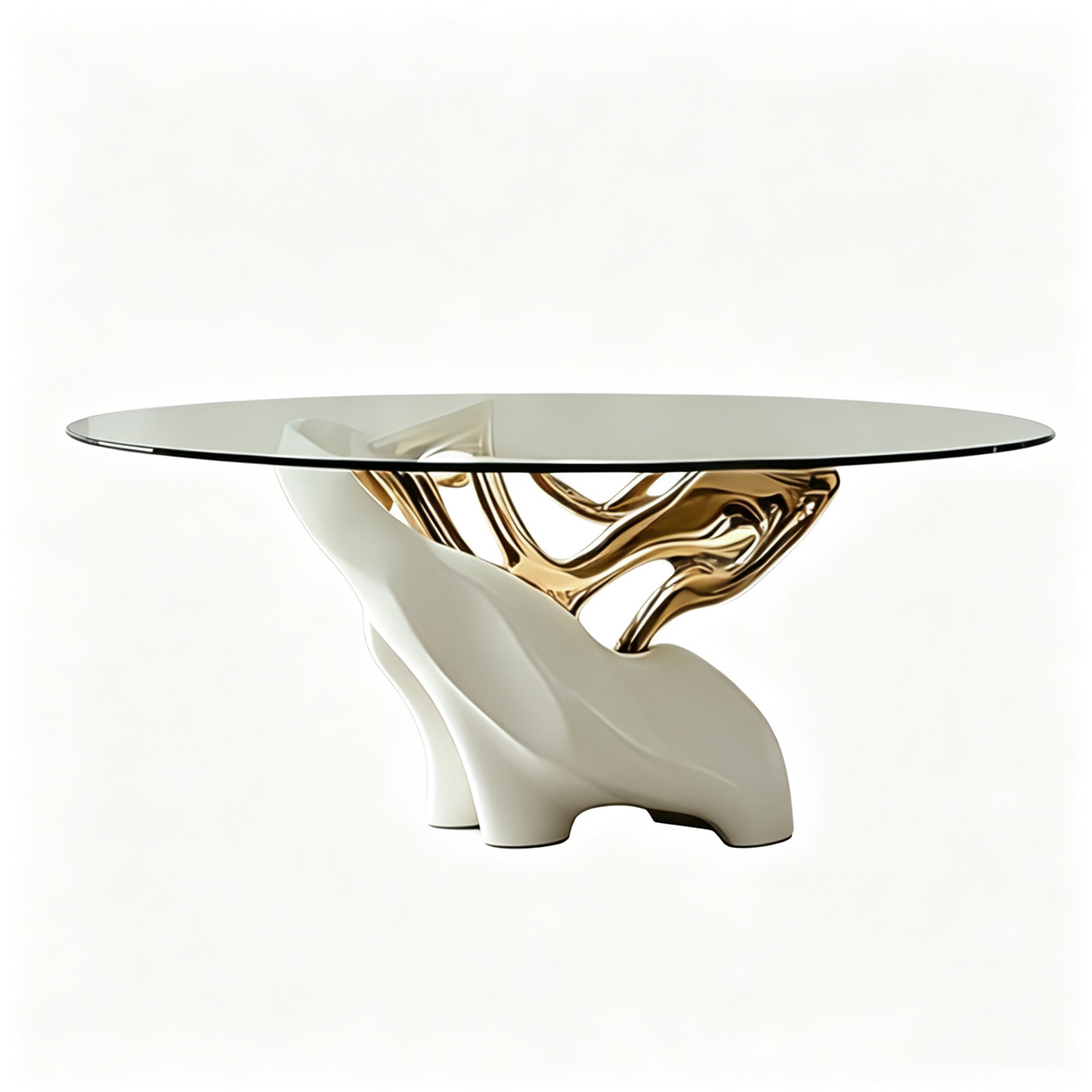 Round Glass Dining Table, Luxury Modern Dining Room Table with Sculptural White and Gold Base, Artistic Glass Top Kitchen Table for Dining Room, Villa, Apartment, Breakfast Area