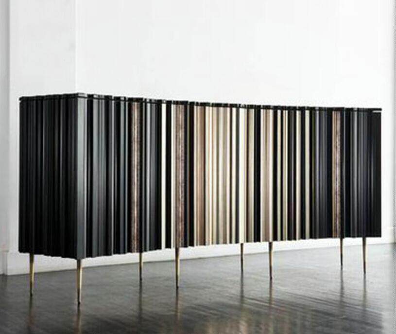 Black and Gold 2 Door Sideboard Buffet Cabinet, 35 Inch Modern Ribbed Accent Cabinet with Vertical Stripe Design, Luxury Storage Credenza for Dining Room, Living Room, Hallway and Entryway