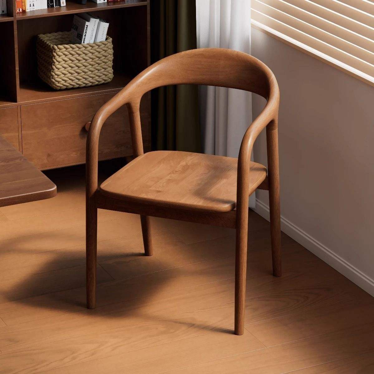 Modern Walnut Wood Dining Chair, Solid Wood Armchair with Curved Backrest, Minimalist Accent Chair for Dining Room, Kitchen, Living Room, Office, Study