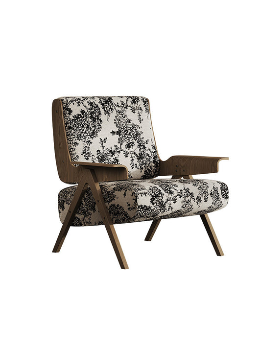 Black and White Floral Accent Chair, Mid Century Upholstered Lounge Chair with Solid Wood Arms for Living Room, Bedroom, Reading Nook and Hotel Lounge