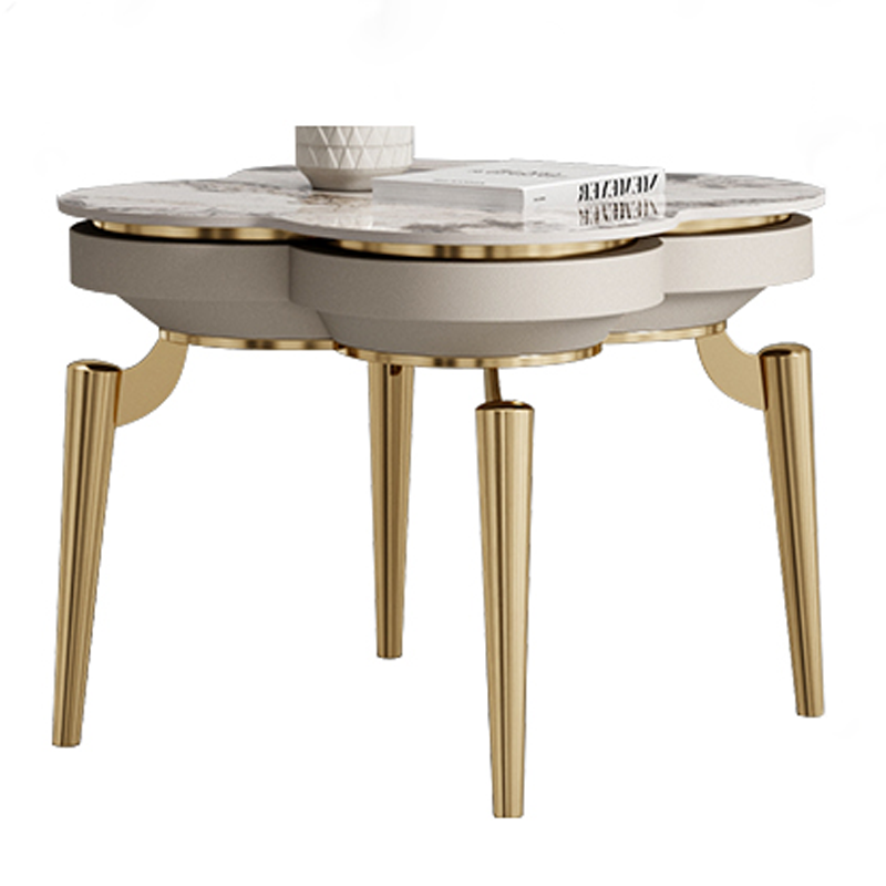 Four Leaf Clover Side Table, Champagne Gold Accent Table with Sintered Stone Top, Modern Stainless Steel End Table for Living Room, Sofa Side, Bedroom, Lounge