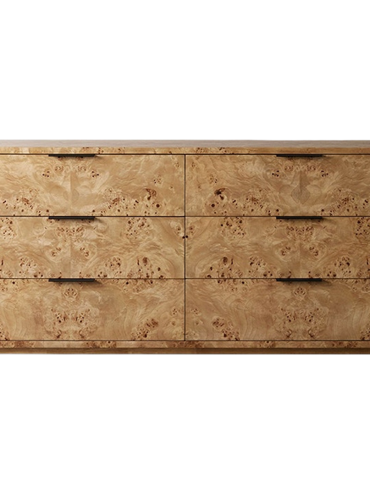 Burl Wood 6 Drawer Dresser, Chest of Drawers with Natural Burl Veneer Look, Modern Vintage Storage Cabinet for Bedroom, Living Room, Hallway, Entryway, and Closet