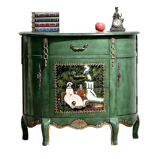 Green Hand-Painted Demilune Storage Cabinet for Entryway and Living Room