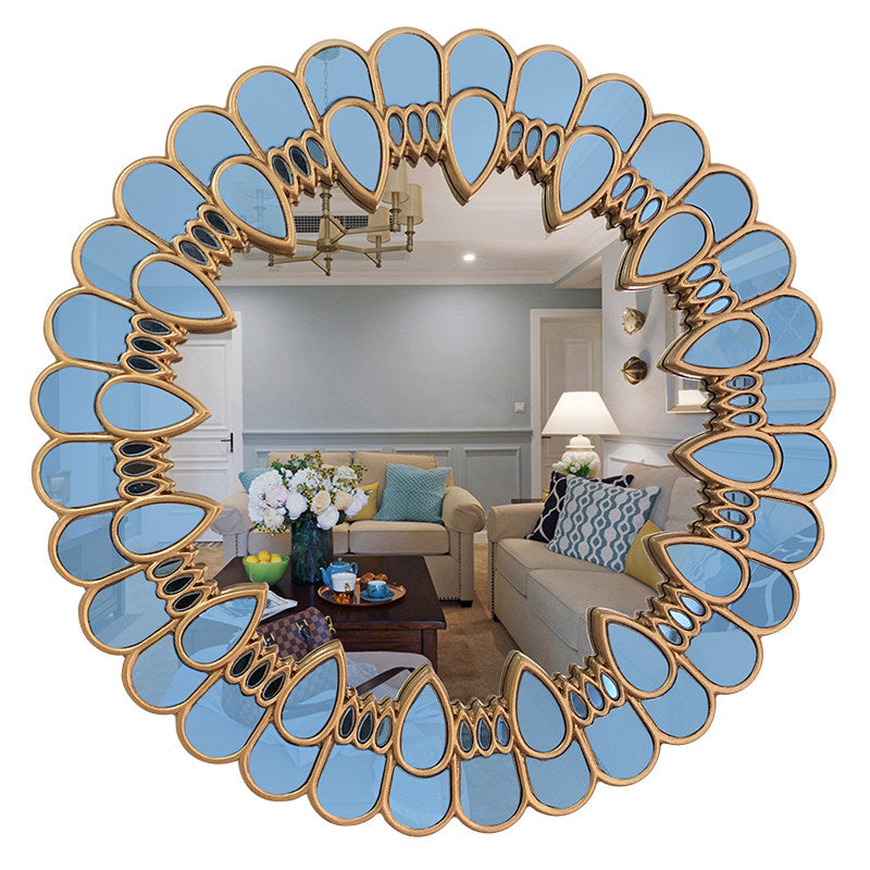 Round Decorative Wall Mirror, Gold and Blue Petal Accent Mirror for Living Room, Entryway, Fireplace Mantel, Dining Room, Bedroom, Vanity, Sofa Wall Decor
