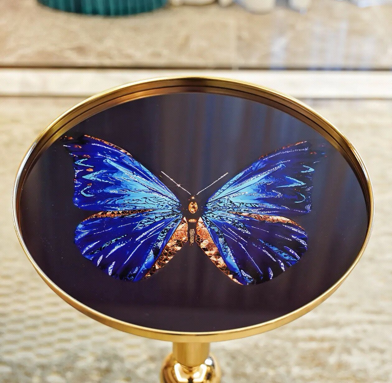 Butterfly Glass Top Side Table, Round Gold Pedestal Accent Table with Tempered Glass Top, Luxury Small End Table for Living Room, Bedroom, Sofa Side and Entryway Decor