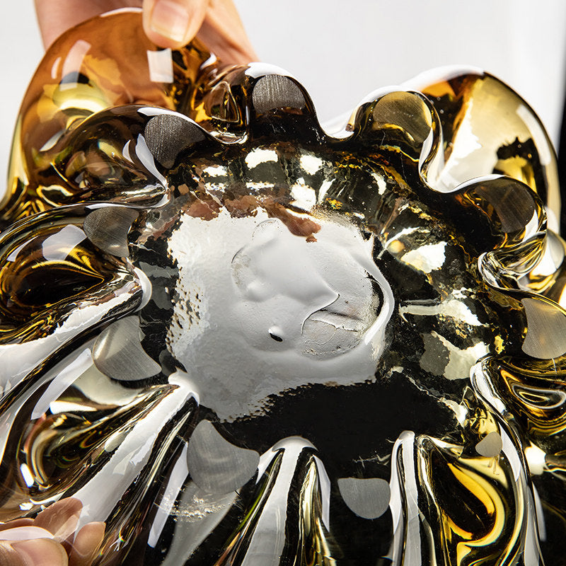 Amber and Smoky Clear Art Glass Fruit Bowl, Sculptural Flower-Shaped Decorative Serving Bowl, Large Centerpiece Dish for Coffee Table, Living Room, Candy, Snacks and Fruit