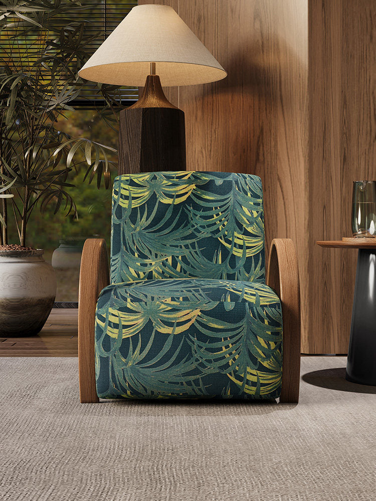 Tropical Leaf Accent Chair with Wood Grain Finish Metal Arms, Green Upholstered Lounge Chair for Living Room, Bedroom, Hotel Lobby, Reception Area, Reading Corner and Resort Style Home Decor