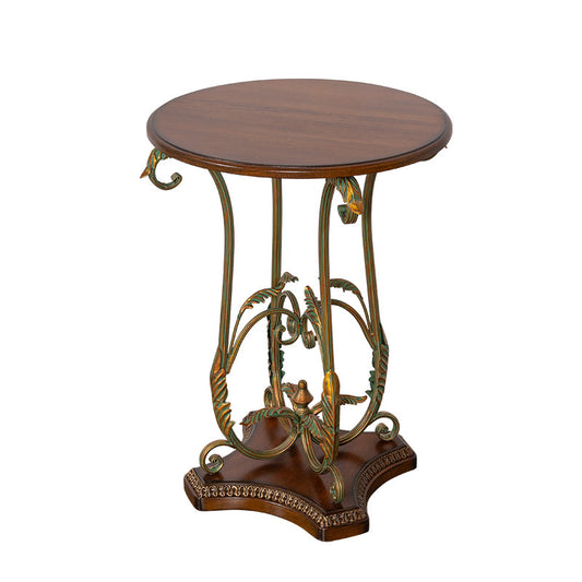 Round Amber Brown Birch Wood Side Table, Vintage-Inspired Accent End Table with Ornate Hand-Painted Wrought Iron Pedestal Base for Living Room, Bedroom, Sofa Side and Reading Nook