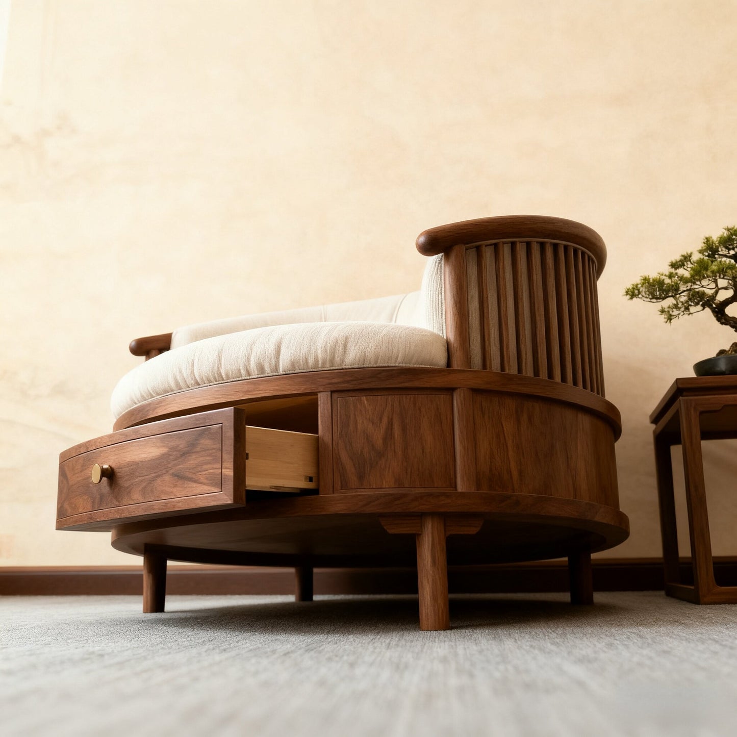 Ash Wood Barrel Chair with Storage Drawer and White Cushion
